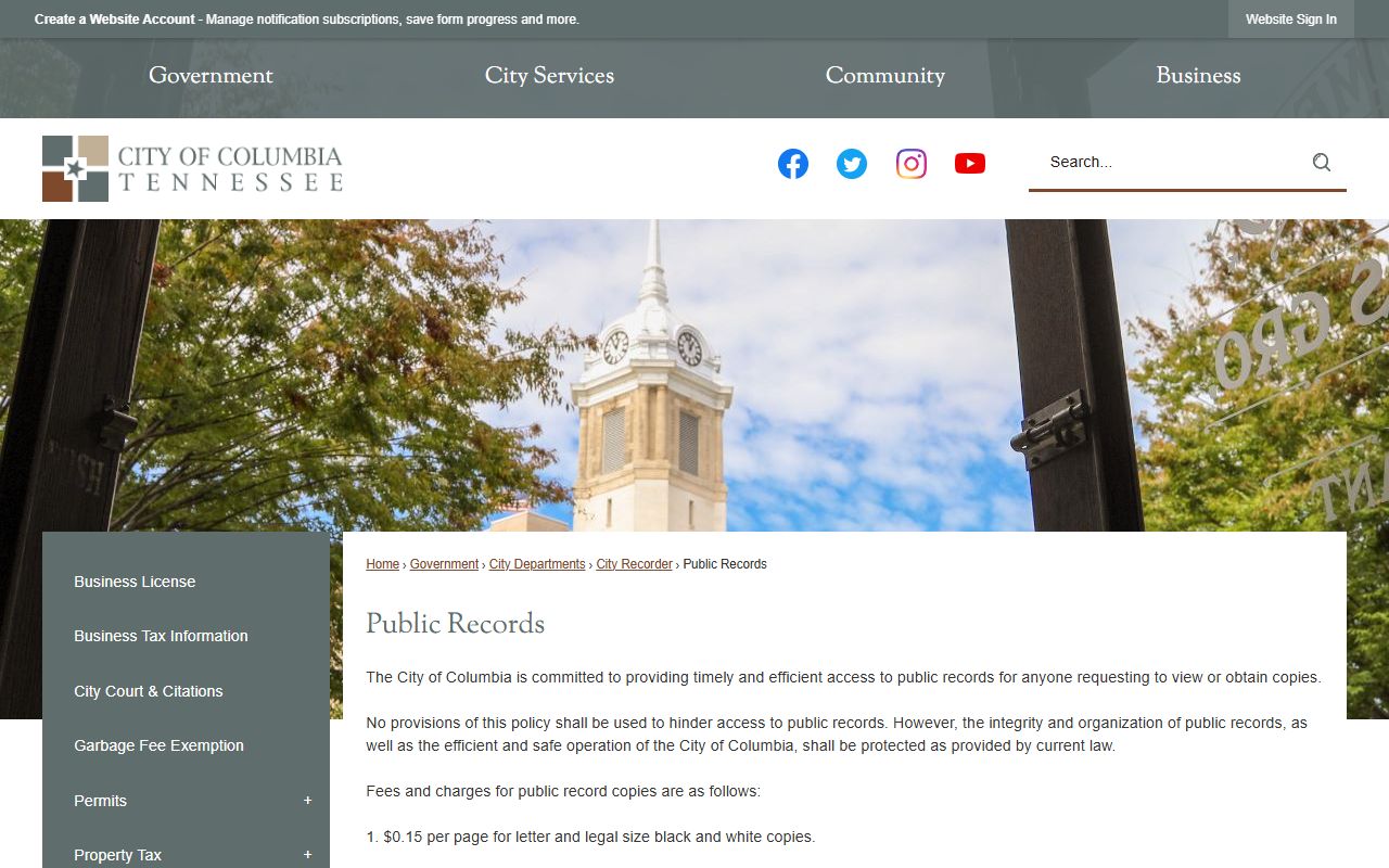 Columbia Felony Records public records page