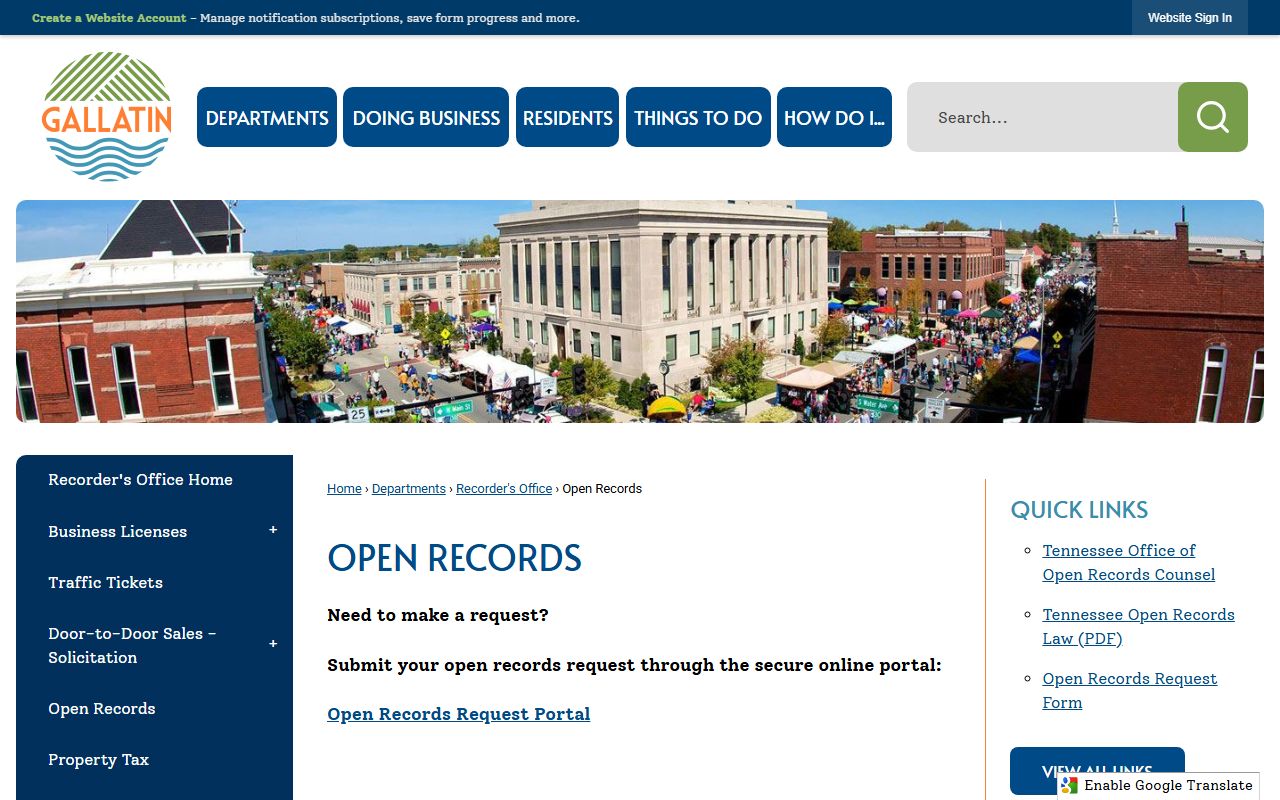 Gallatin Felony Records and Gallatin open records request page