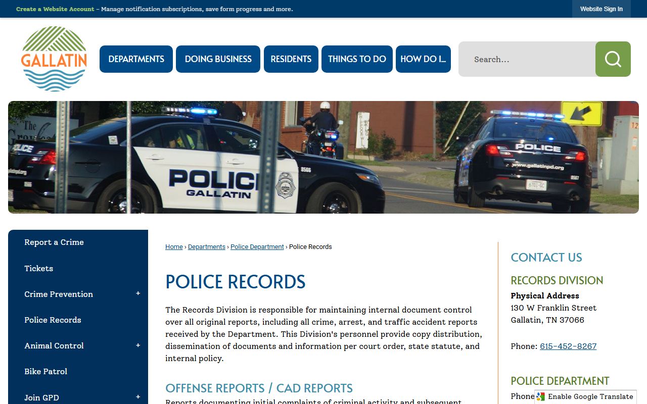 Gallatin Felony Records and Gallatin Police Department records