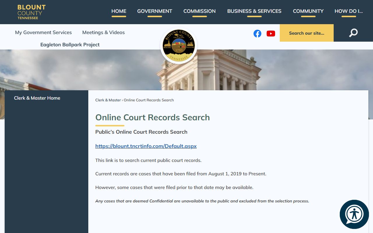 Blount County Felony Records online court records search page