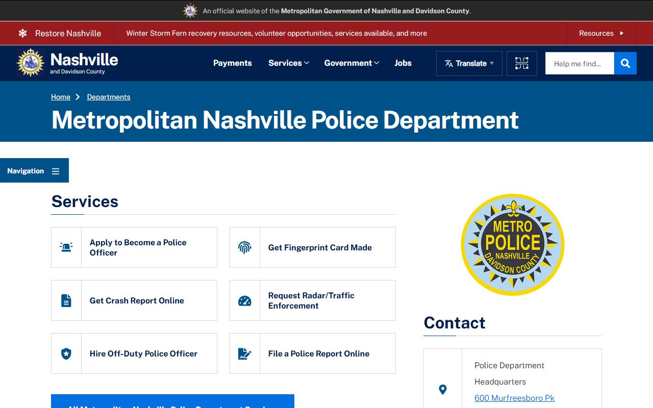Nashville Felony Records through Metro Nashville Police Department