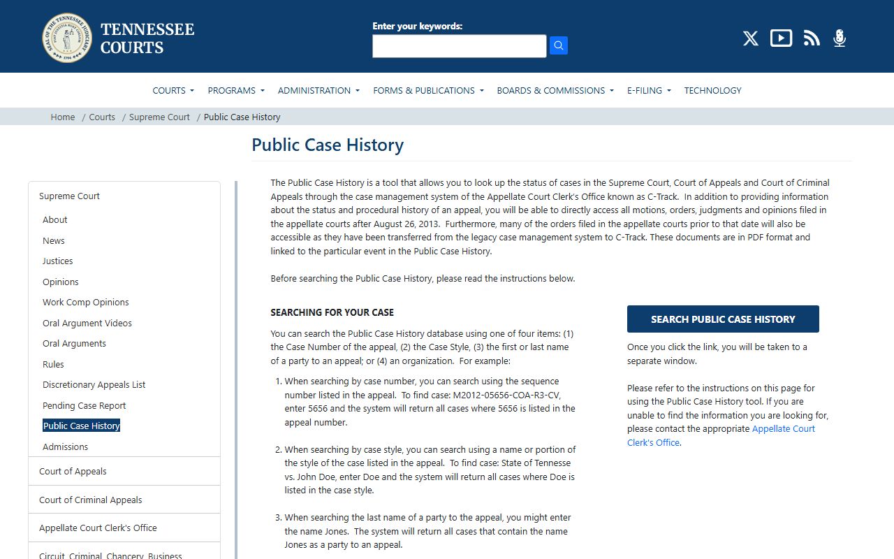 Tennessee Felony Records appellate history access through Tennessee Public Case History