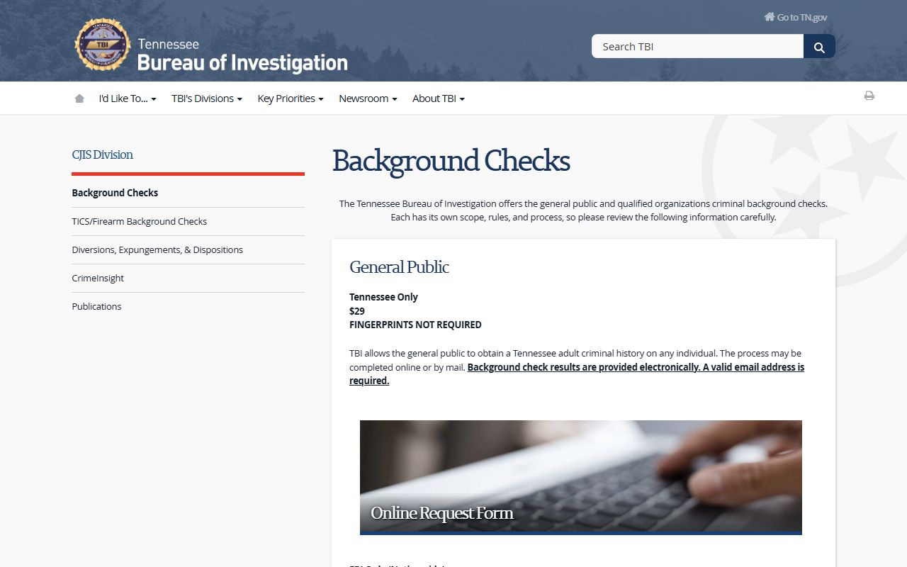 Tennessee Felony Records background check information from TBI