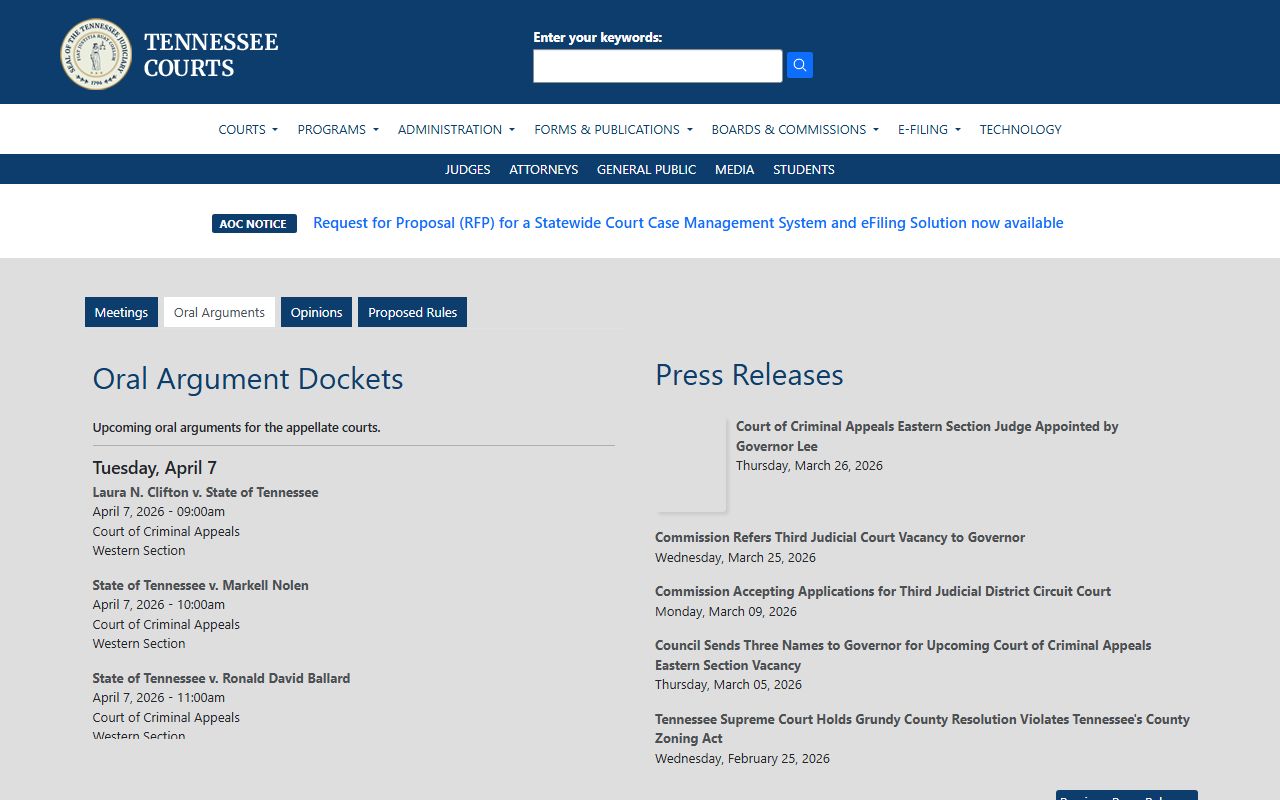 Tennessee Felony Records information on the Tennessee court system website