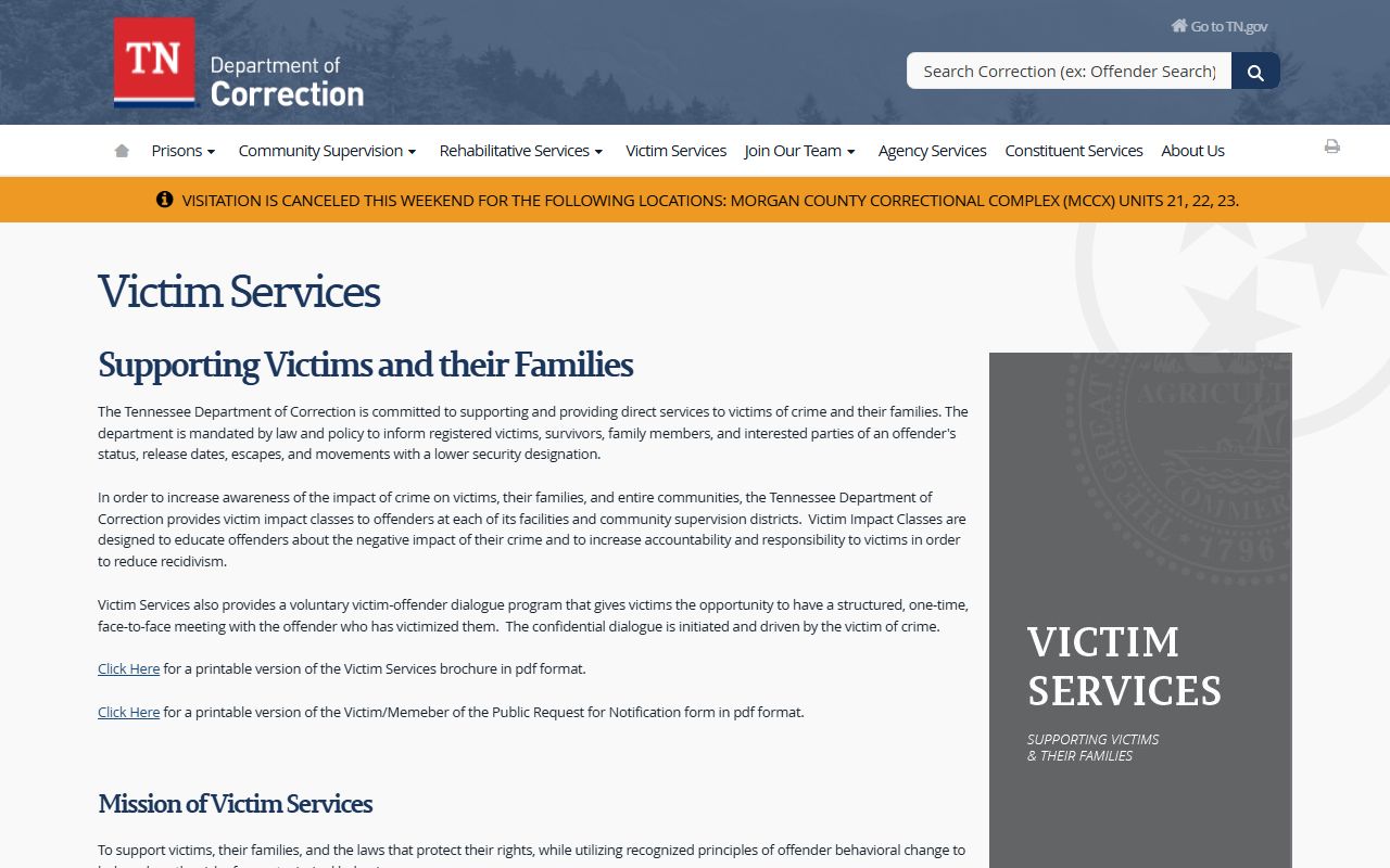 Tennessee Felony Records related victim services page
